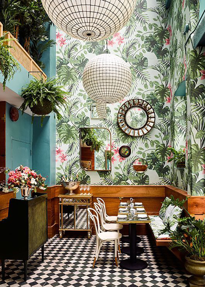 This is a bar interior, I love the wallpaper combined with the floortiles.