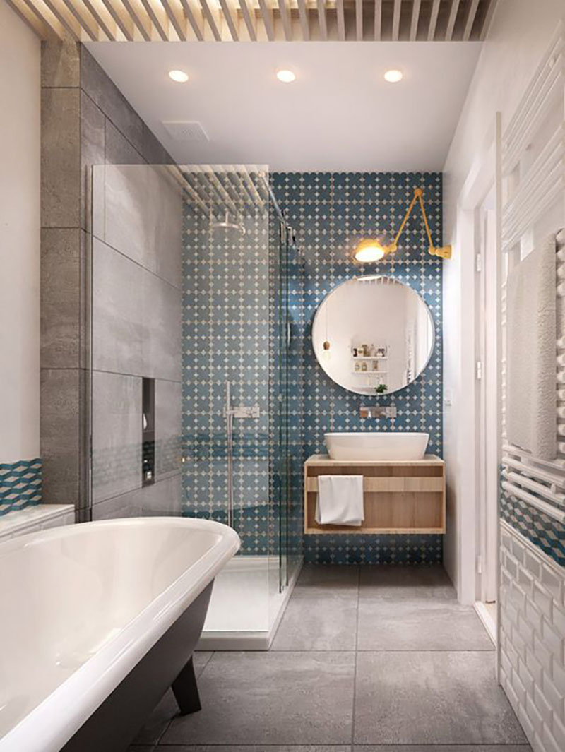 Grey, white and blue tiles, white sanitary and big size grey tiles look amazing.