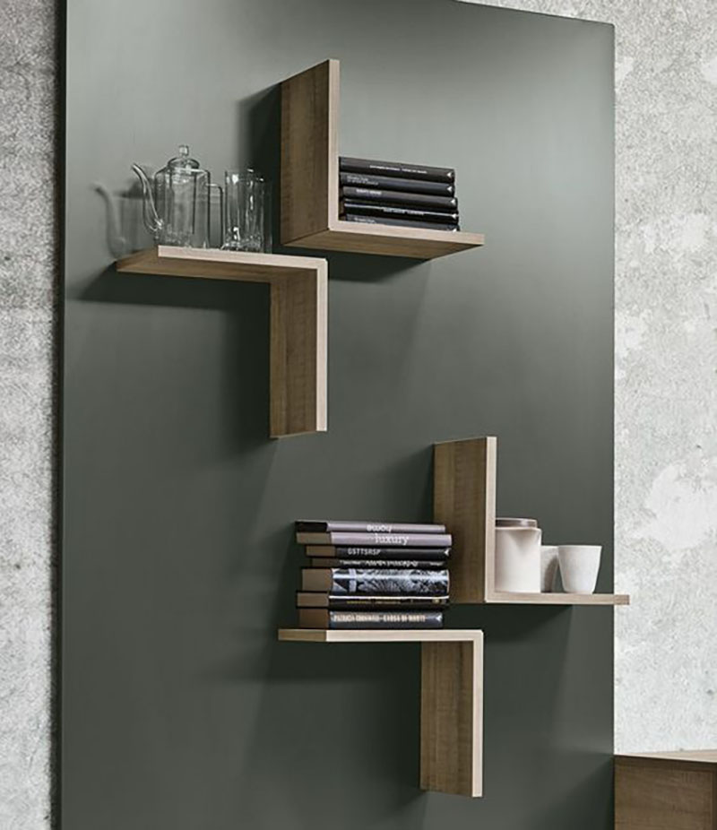 Modern design, L-shaped shelves on a board, simple but looks unique.