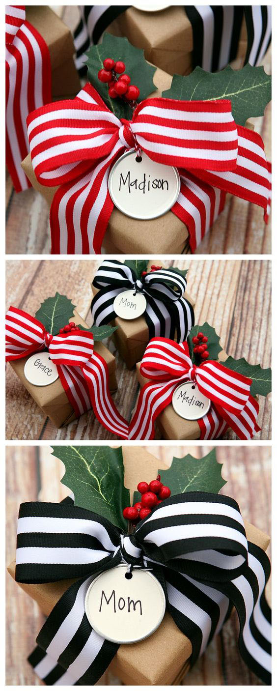 It is enough if you add a thick striped ribbon to the brown wrapping paper and decorate it with red berries and green leaves and all this will be stylish and unique.