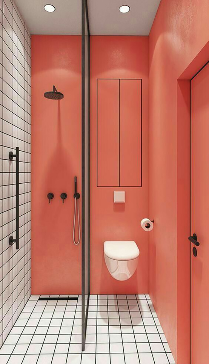 Shower in coral, white and in minimal black.