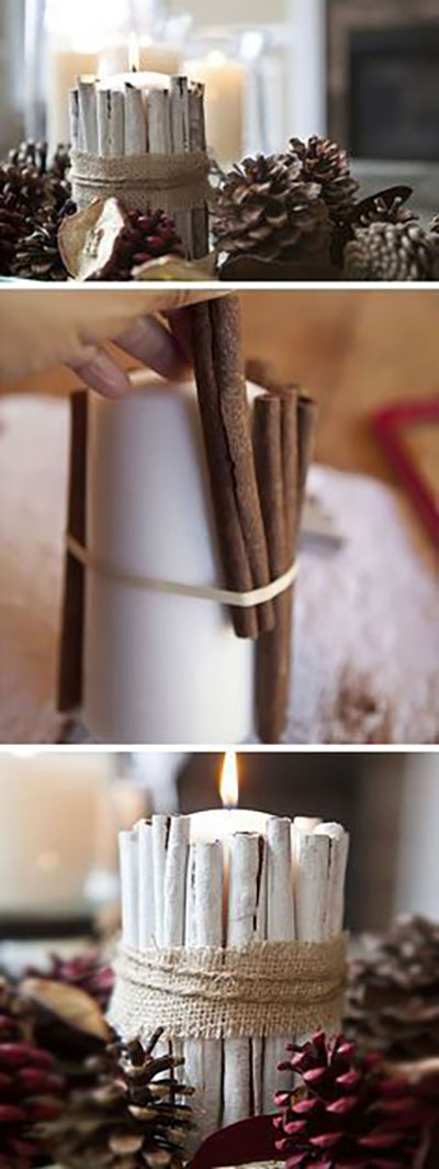 You can put cinnamon sticks around a white candle and paint them to white, but I'd leave its original brown color as I like this better.