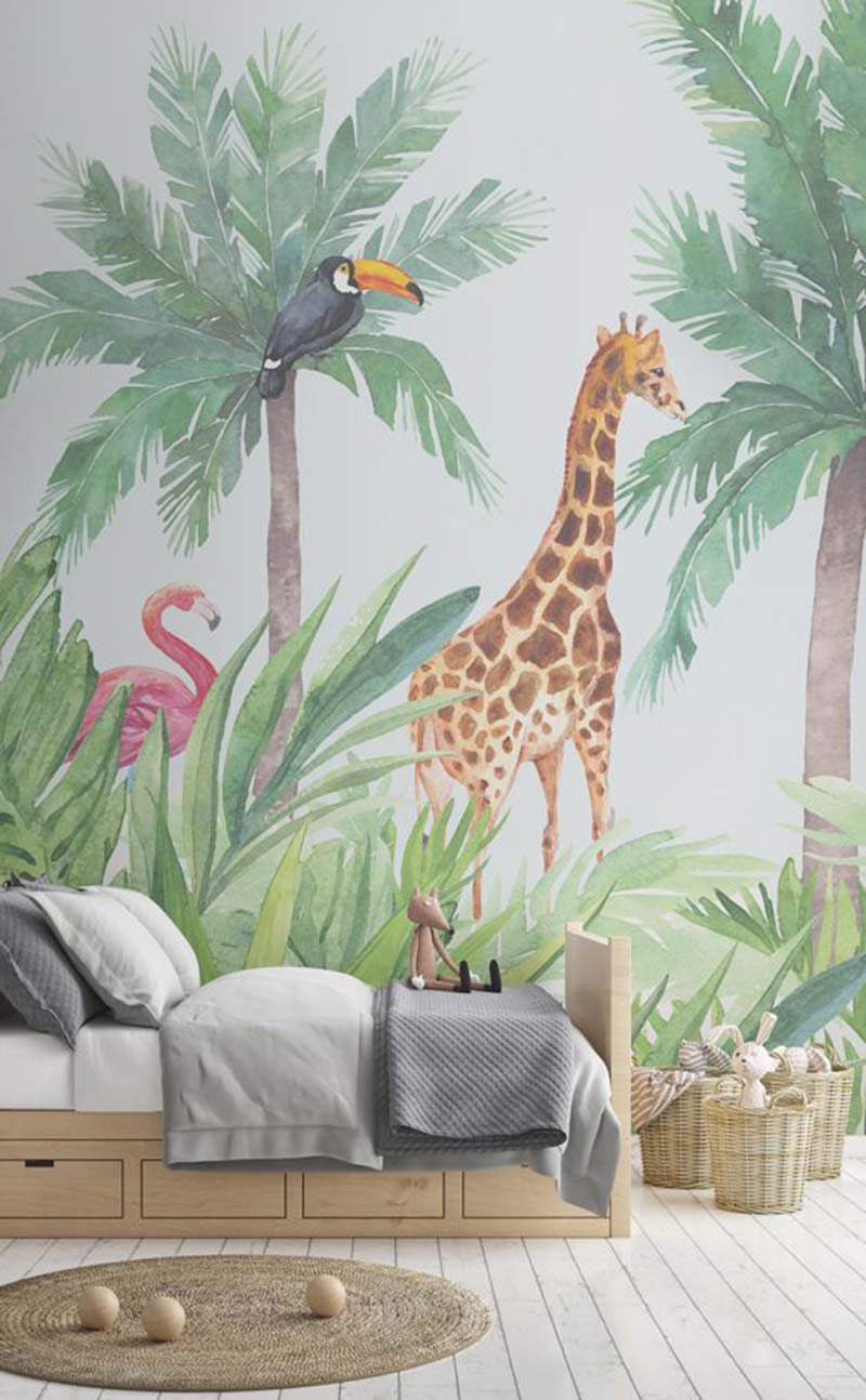 Amazingly cute kids' room design, this poster is not too much at all with the palms especially combining with cute animals.